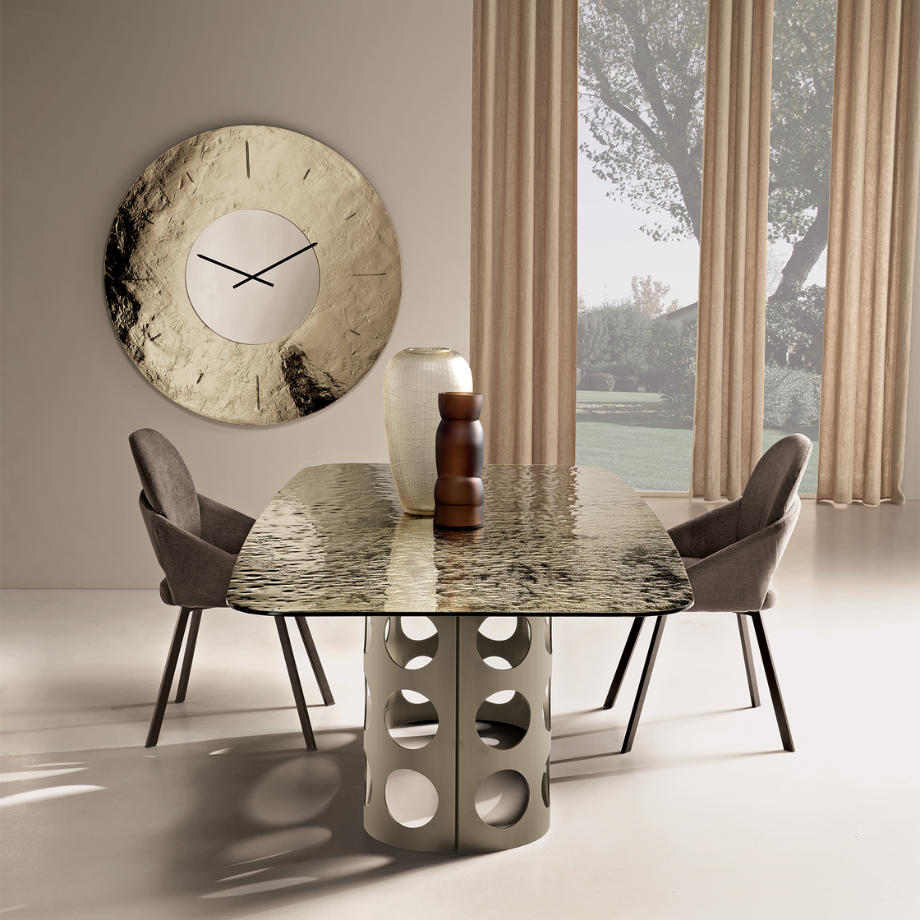 Tavolo fisso "Clover" moderno con piano in vetro martellato retroargentato cm 210x110 75h