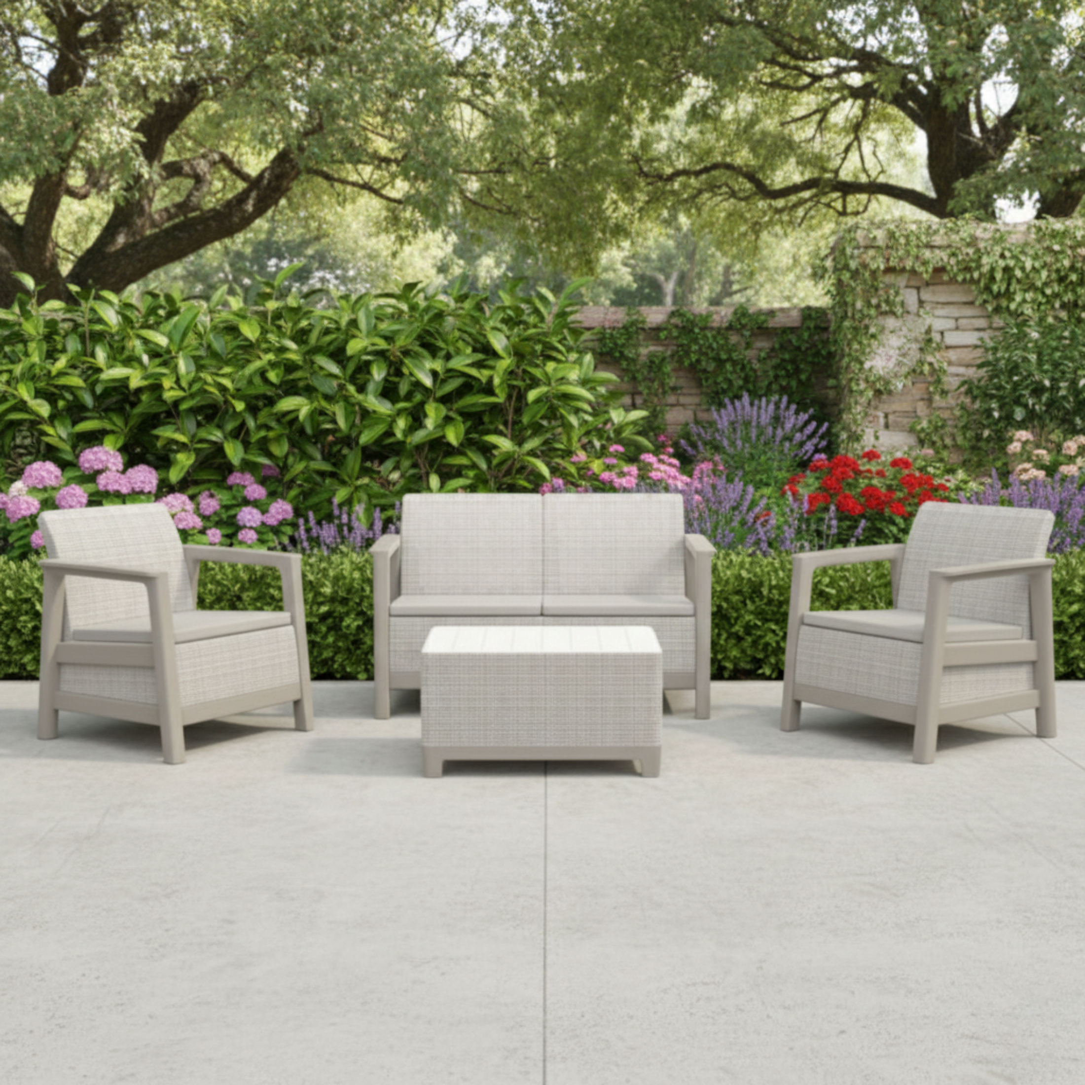 Set salottino da esterno "Fioralba" con 2 poltrone, divano e tavolino contenitore