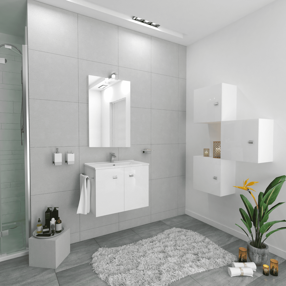Mobile bagno sospeso "Moa60" con lavabo integrato rettangolare ante con maniglie cromate e specchio LED - MondoViro