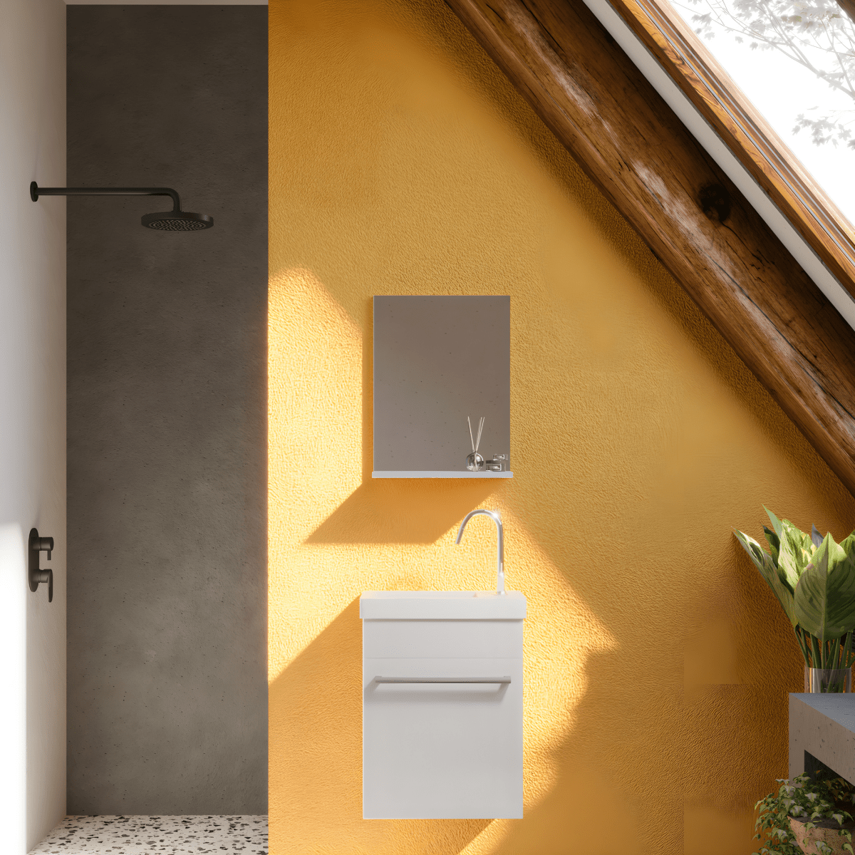 Mobile da bagno sospeso "Kalua" con lavabo in ceramica integrato e specchiera con mensola cm 42x23 105h - MondoViro