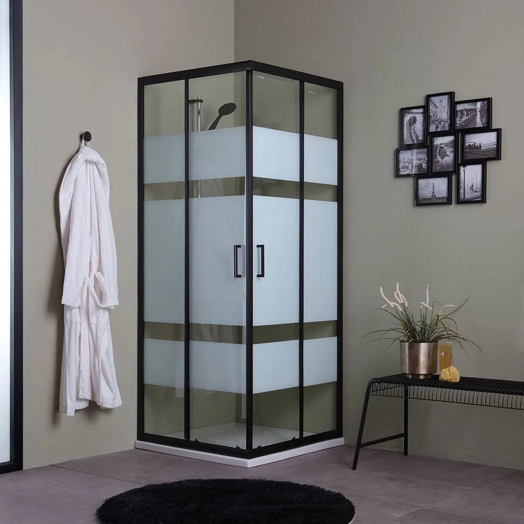 Box doccia da bagno moderno "Cielo" scorrevole serigrafato con profilo nero opaco - MondoViro