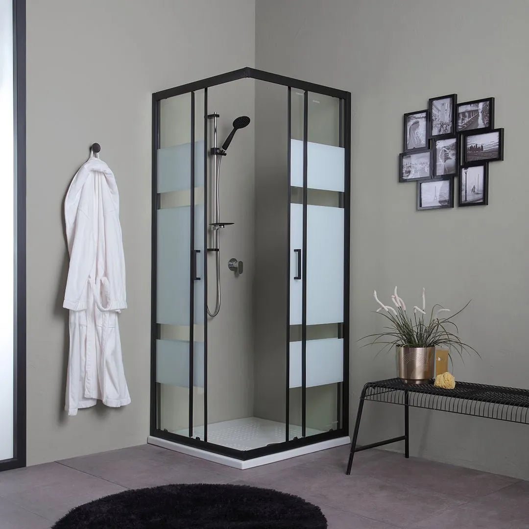 Box doccia da bagno moderno "Cielo" scorrevole serigrafato con profilo nero opaco - MondoViro