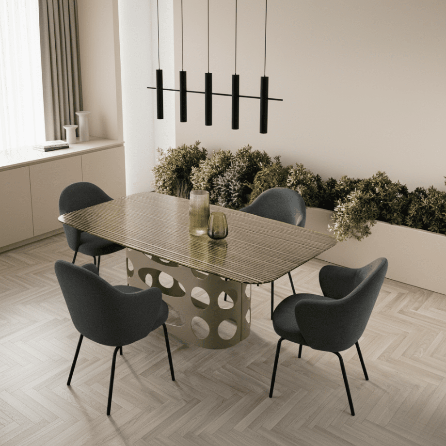 Tavolo fisso da pranzo "Master" con piano in vetro rigato retroargentato e base in metallo con trafori cm 210x110 75h - MondoViro