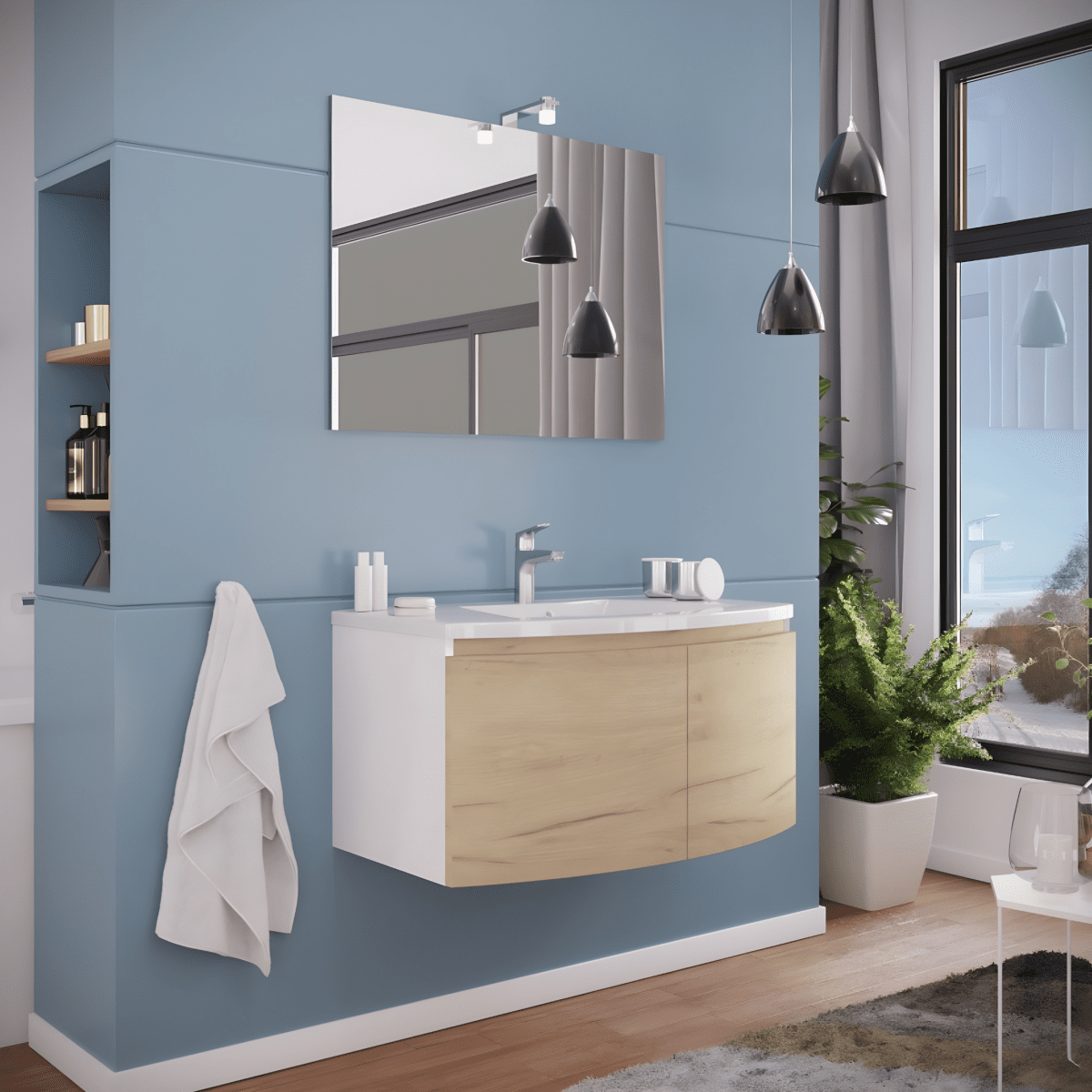 Mobile sospeso da bagno "Ettore" a 2 ante con specchio LED e lavabo in ceramica cm 80x49 42h - MondoViro