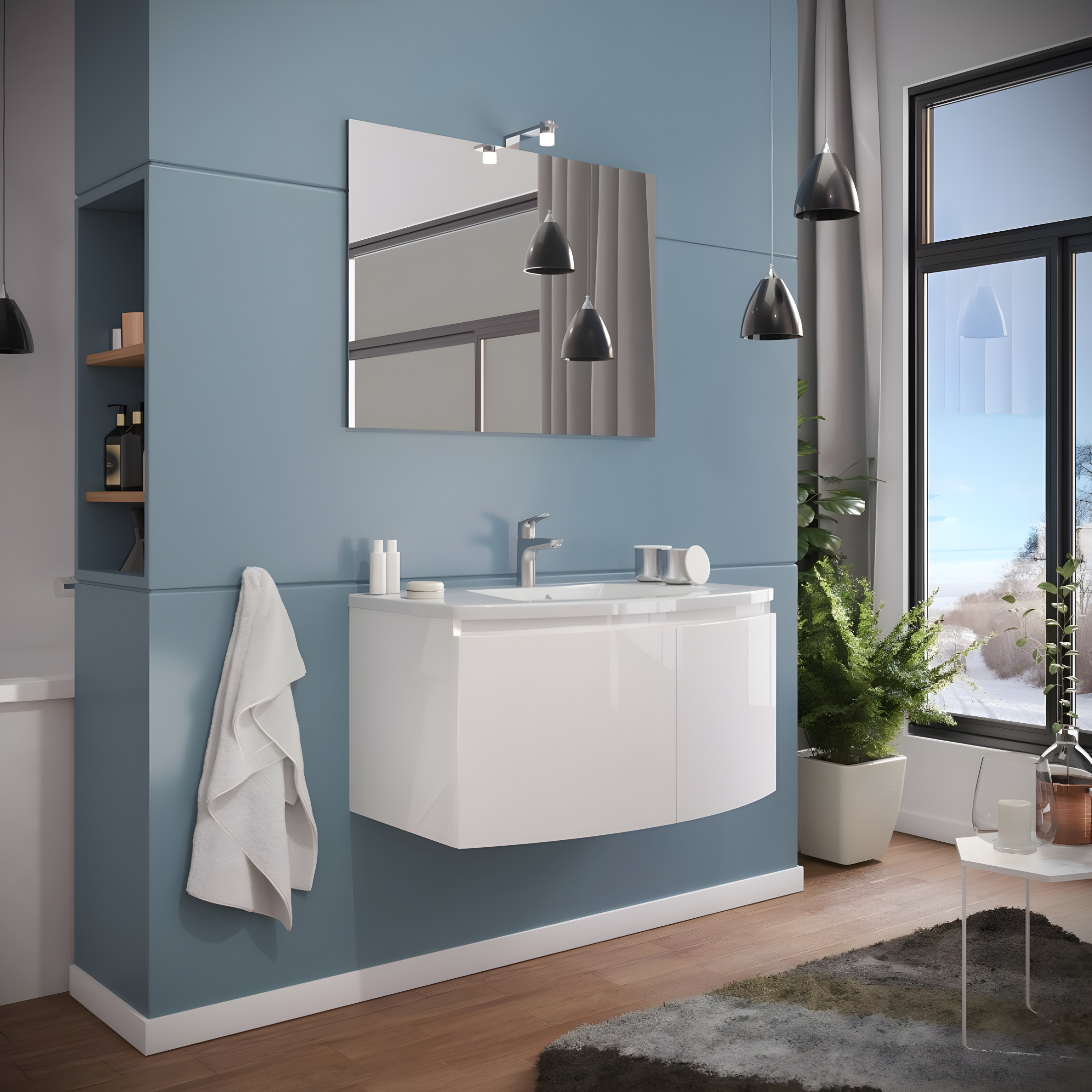 Mobile sospeso da bagno "Ettore" a 2 ante con specchio LED e lavabo in ceramica cm 80x49 42h