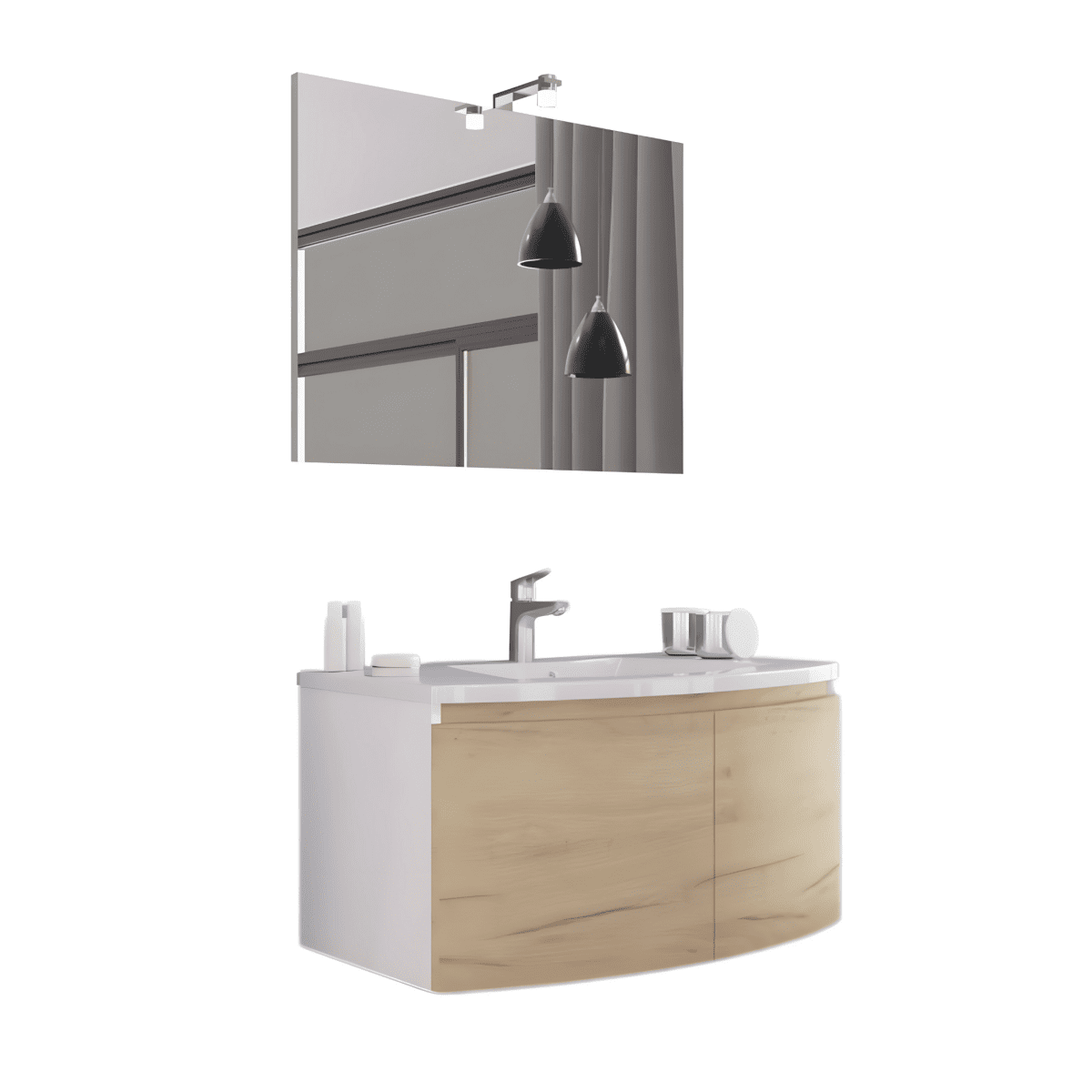 Mobile sospeso da bagno "Ettore" a 2 ante con specchio LED e lavabo in ceramica cm 80x49 42h - MondoViro