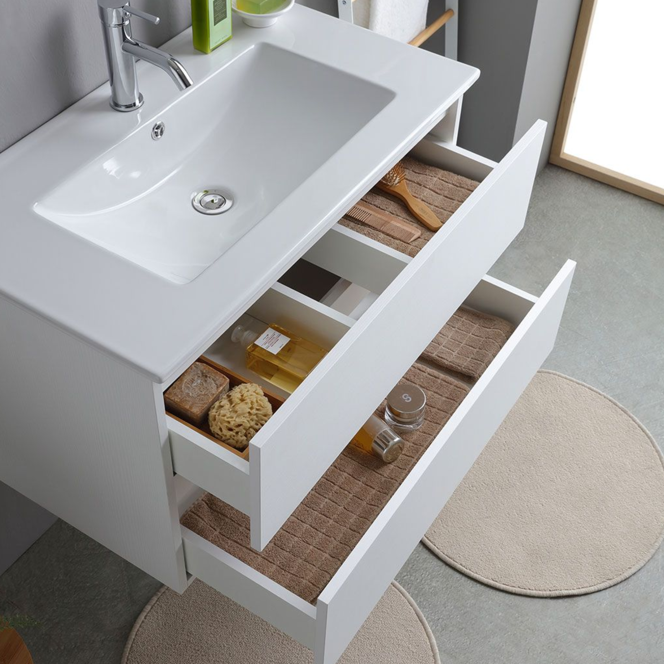 Mobile bagno bianco "Havana Plus" sospeso 2 cassetti base con specchio lavabo integrato in ceramica 80 cm