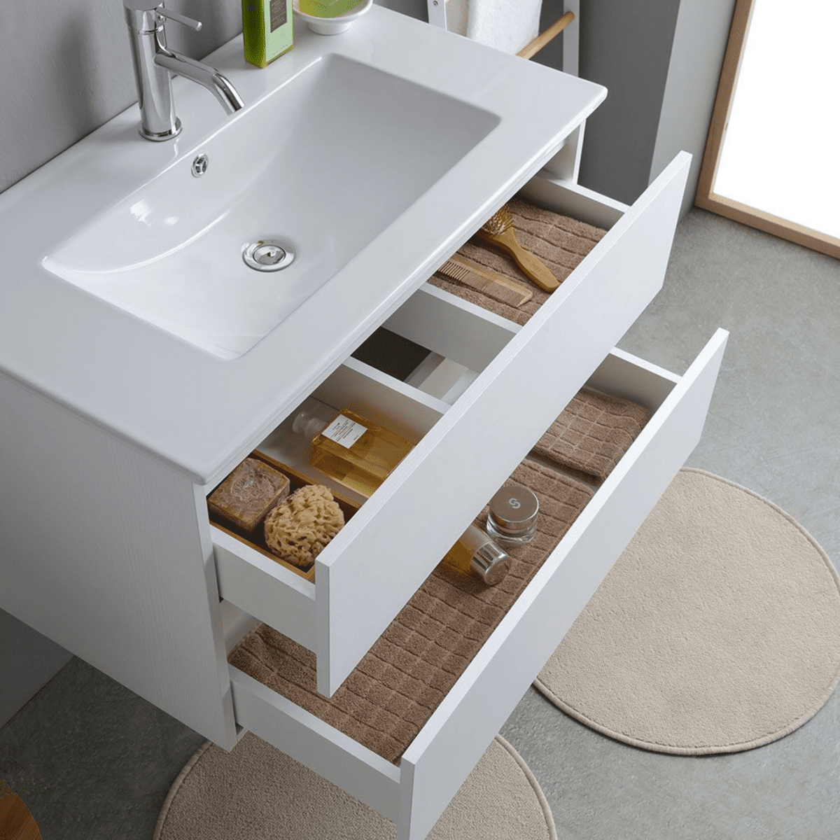 Mobile bagno bianco "Havana Plus" sospeso 2 cassetti base con specchio lavabo integrato in ceramica 80 cm - MondoViro