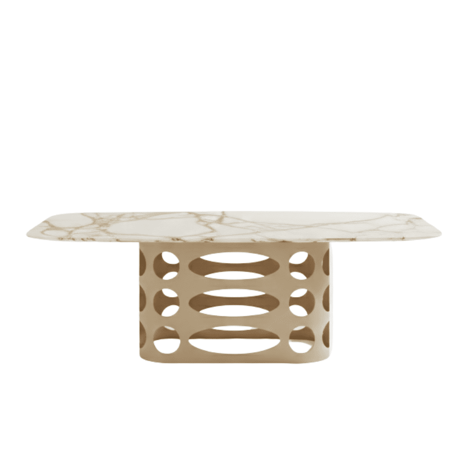 Tavolo fisso da pranzo "Core" con piano in ceramica effetto marmo lucido e base con trafori in metallo verniciato cm 210x110 75h - MondoViro