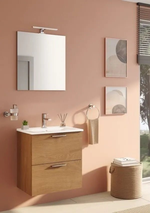 Mobile da bagno sospeso "Vitrax" in legno con 2 cassetti lavabo specchio e lampada - MondoViro