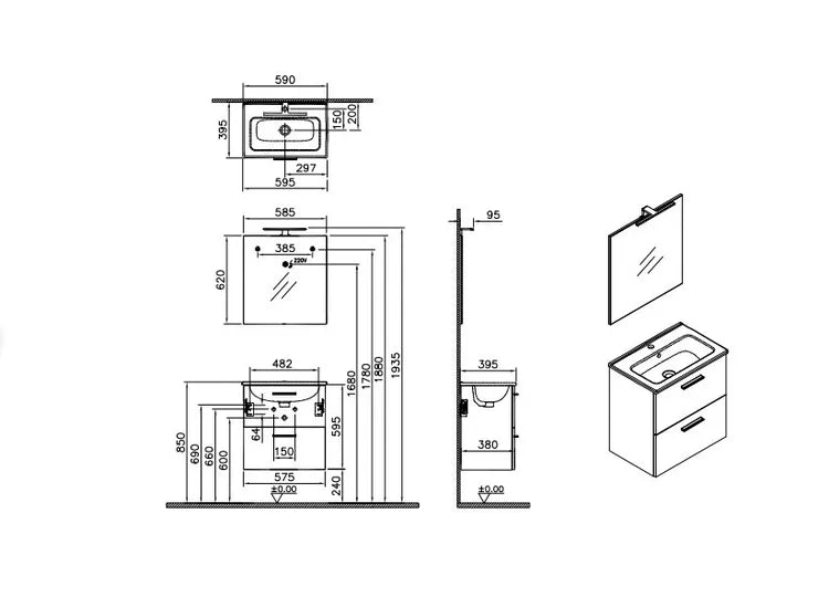Mobile da bagno sospeso "Vitrax" in legno con 2 cassetti lavabo specchio e lampada