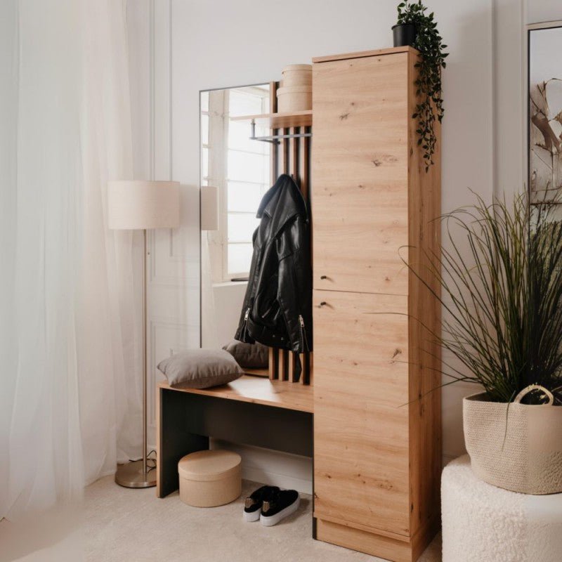 Mobile ingresso appendiabiti "Medan2" cannettato con panca e specchio - MondoViro
