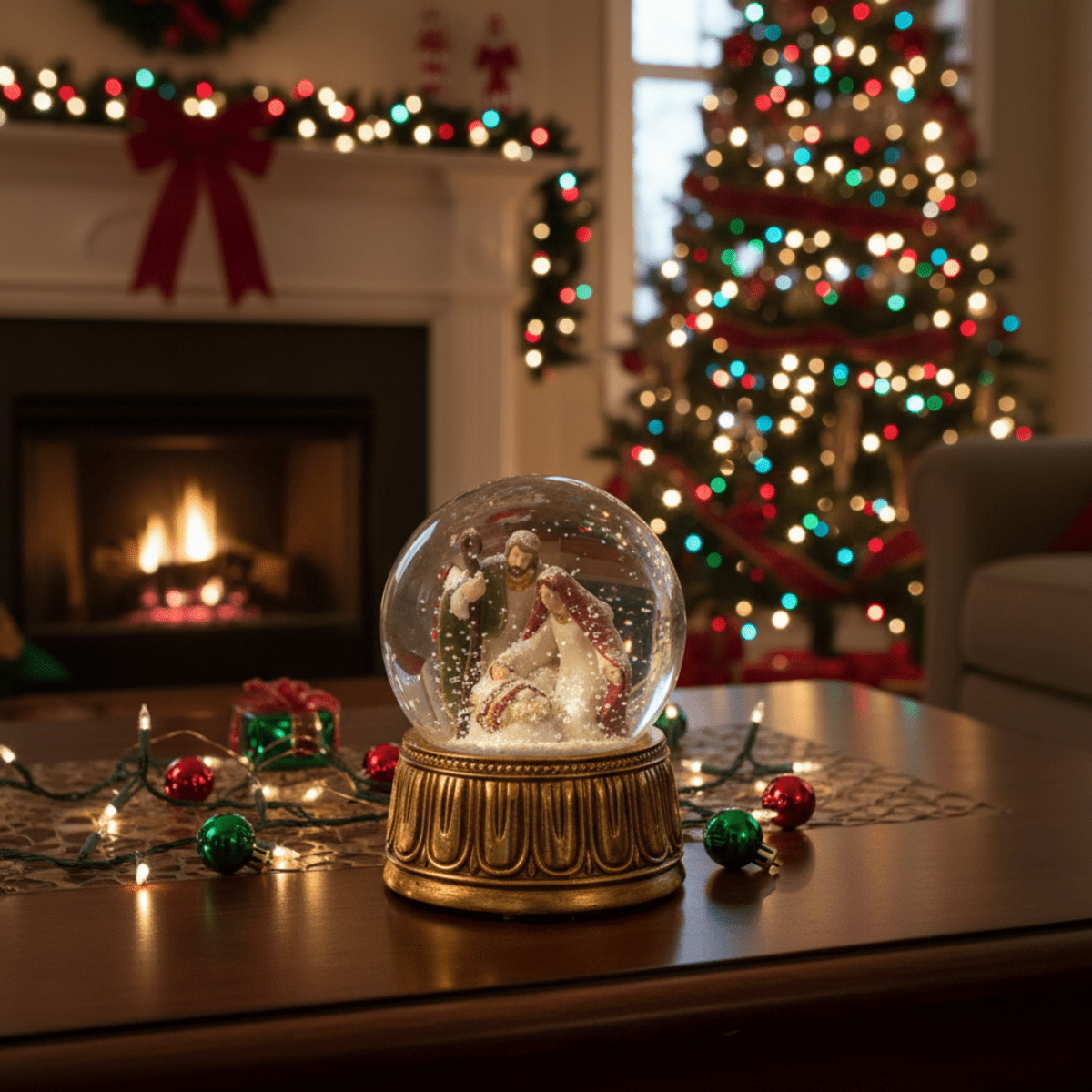 Sfera d'acqua con natività e carillon base in resina dipinta a mano, decorazione natalizia cm Ø10x14,5h - MondoViro