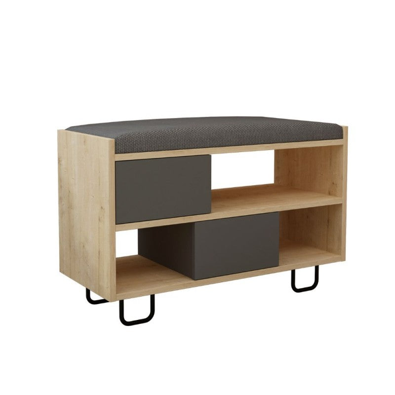 Panca scarpiera bassa "Troy" struttura rovere e ante a ribalta antracite con cuscino
