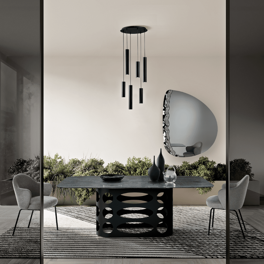 Tavolo fisso da pranzo "Master" con piano in vetro rigato retroargentato e base in metallo con trafori cm 210x110 75h - MondoViro