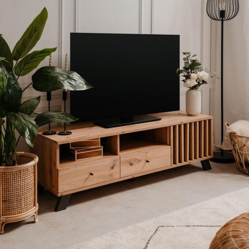 Mobile porta TV "Medan3" moderno 2 cassetti 1 anta rovere cm 138x40 44h - MondoViro