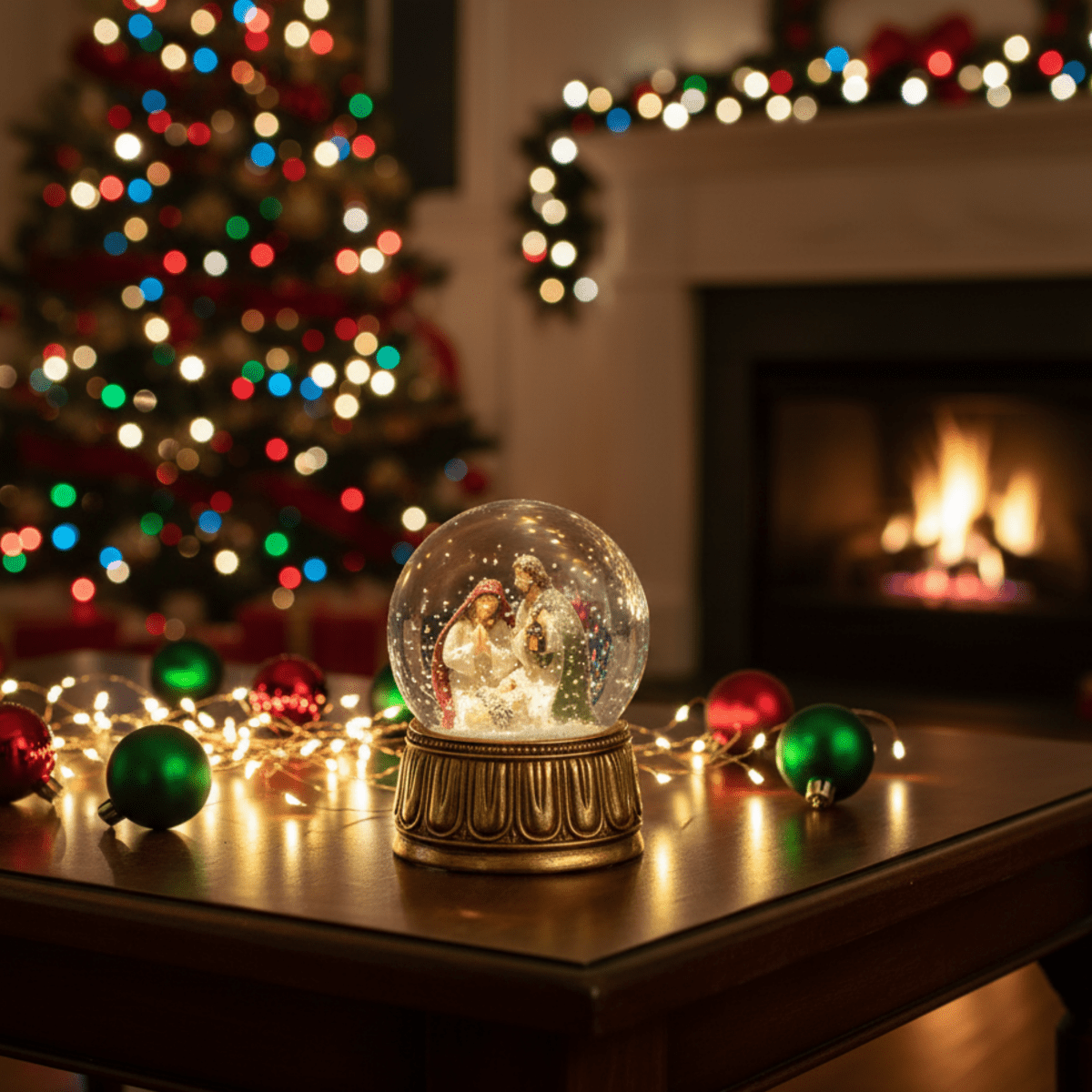 Sfera d'acqua con natività e carillon base in resina dipinta a mano, decorazione natalizia cm Ø10x14,5h - MondoViro