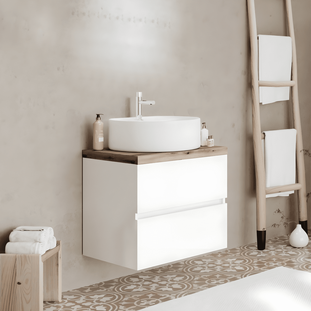 Mobile da bagno sospeso "Tara3" con lavabo da appoggio ovale , top e specchio LED - MondoViro
