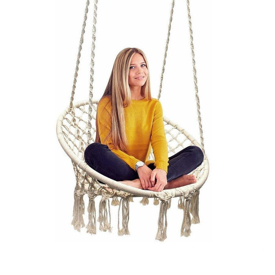 Sedia a dondolo Macramè sospesa con corda in cotone e cuscino imbottito
