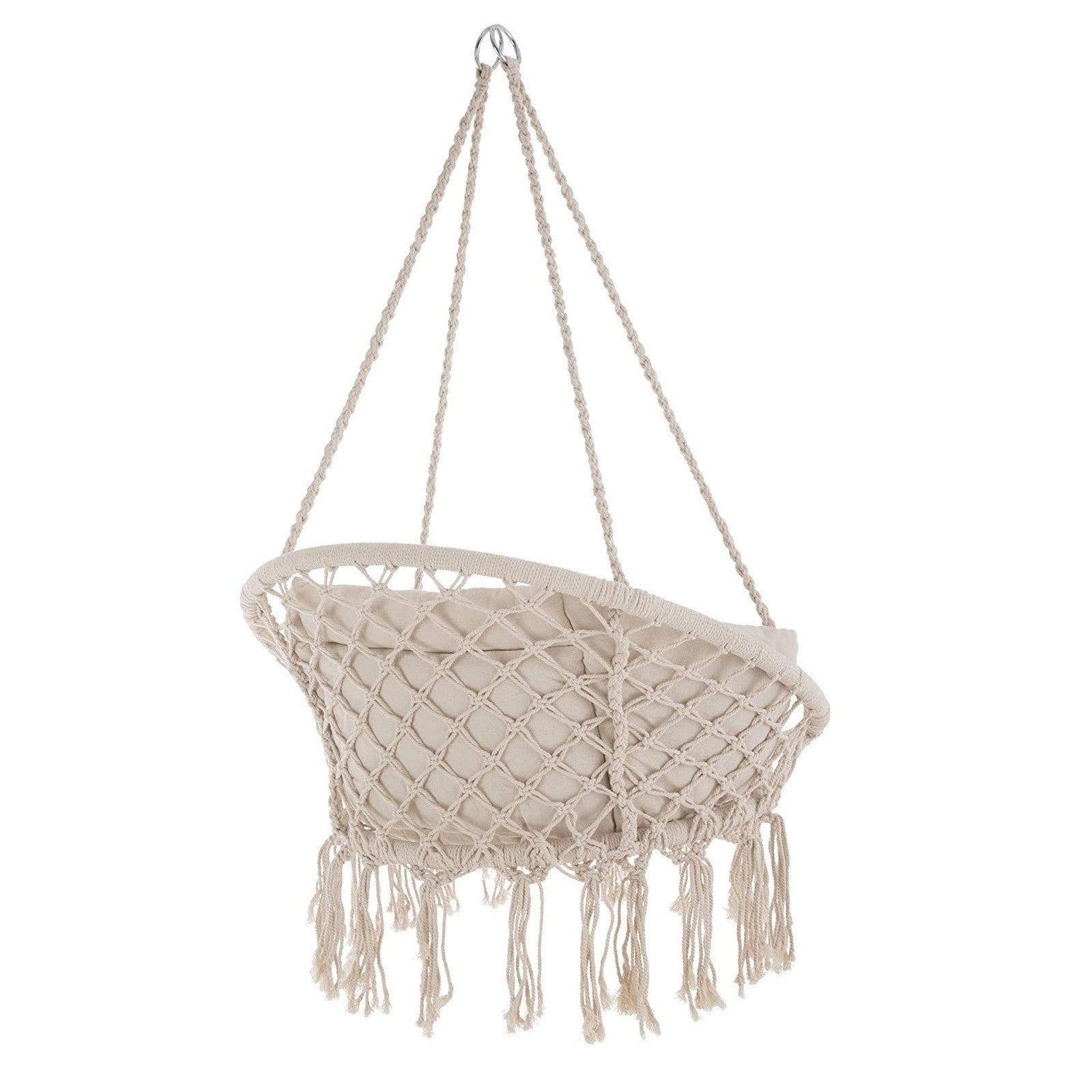 Sedia a dondolo Macramè sospesa con corda in cotone e cuscino imbottito