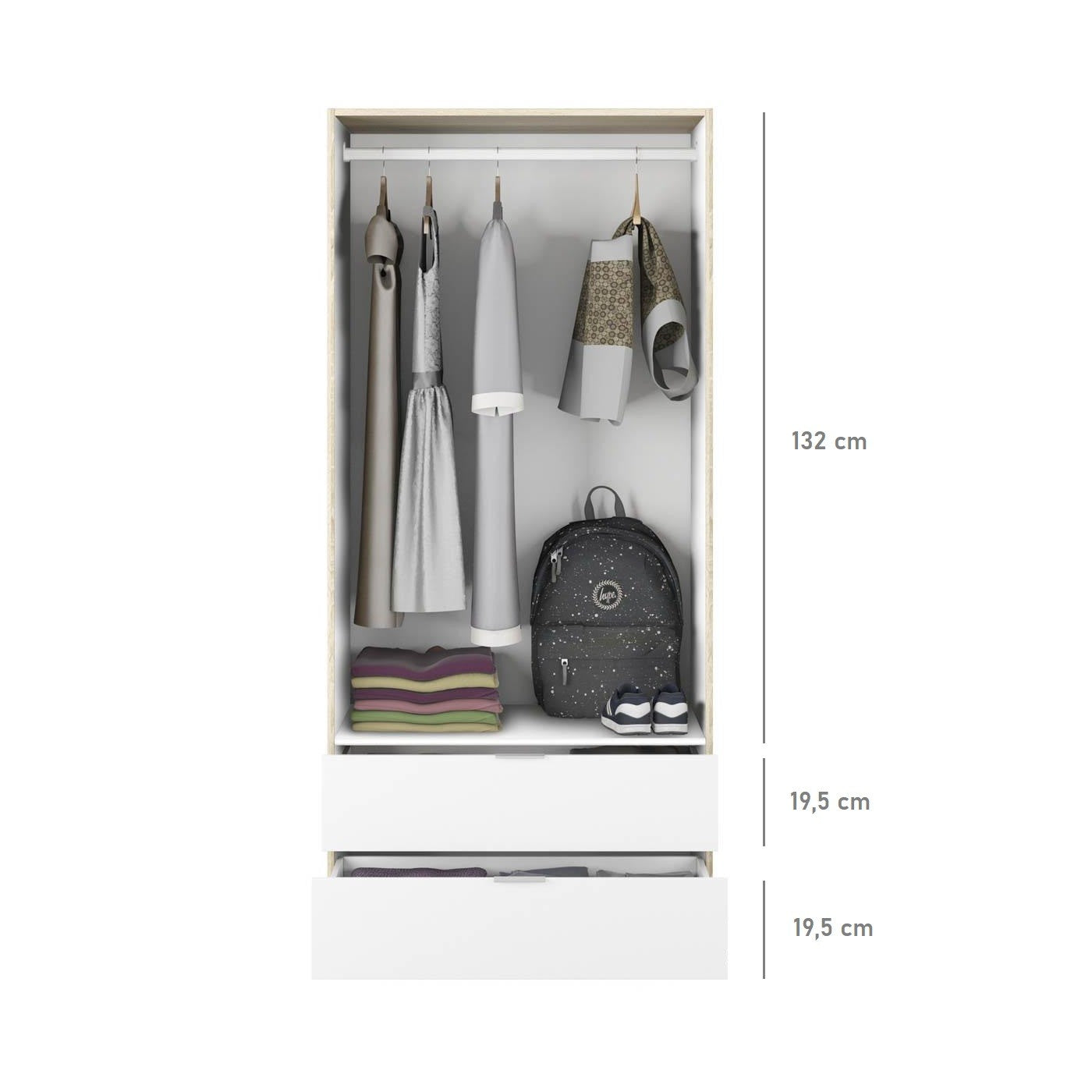 Armadio in legno bianco rovere a 2 ante con 2 cassetti cm80x52 180h