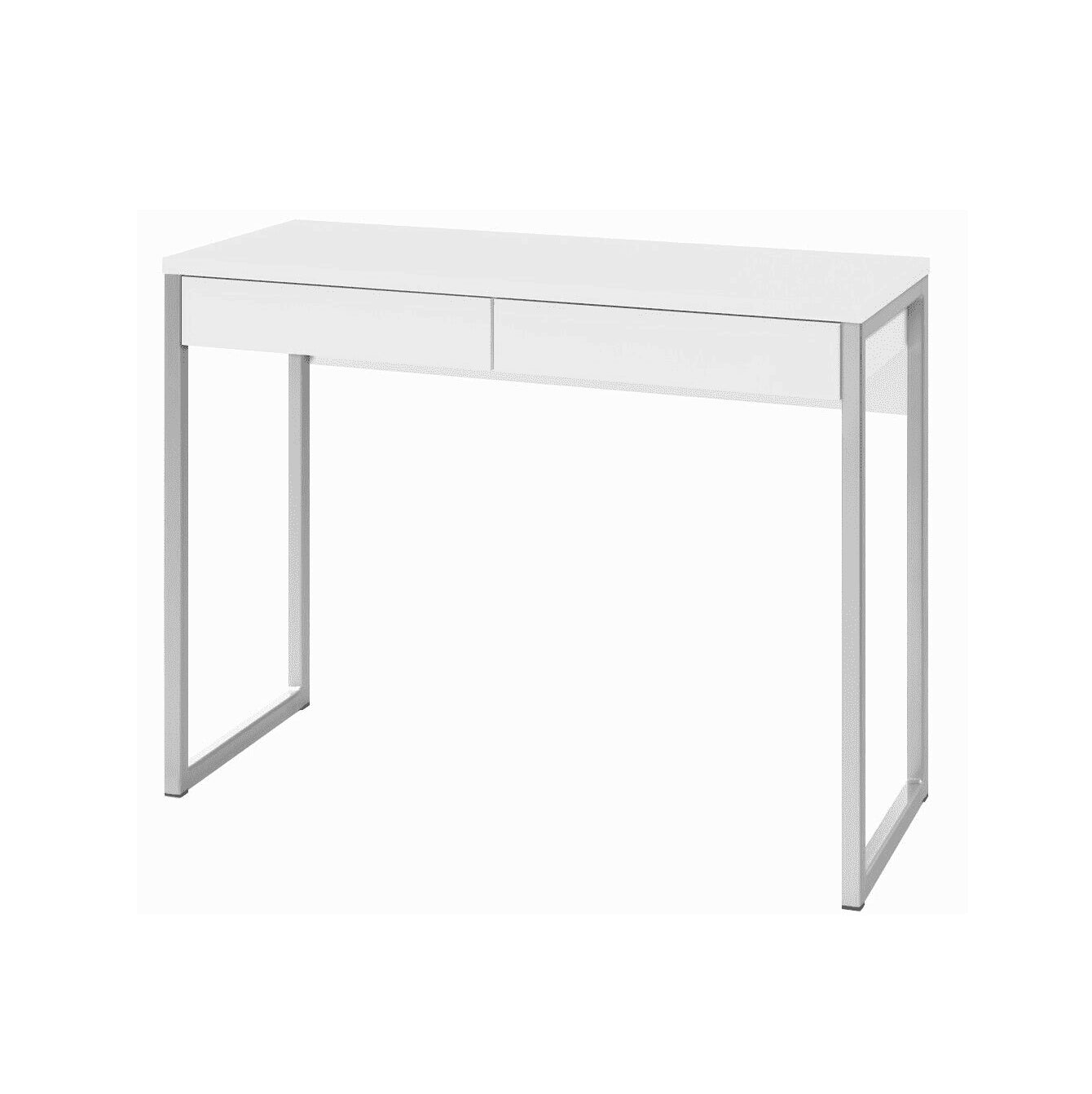 Scrivania in legno laccato bianco con due cassetti e gambe in metallo