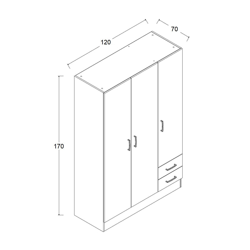 Armadio guardaroba rovere in legno a 3 ante con 2 cassetti cm 120x46,5 h184