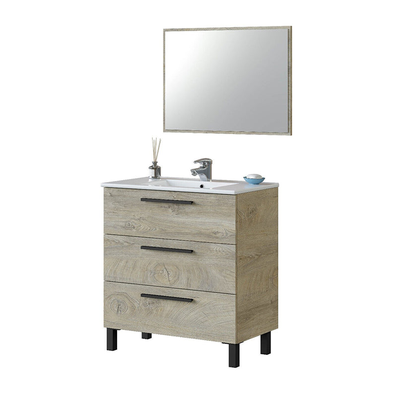 Mobile cassettiera sottolavabo per bagno in legno con specchio e piedini rialzati