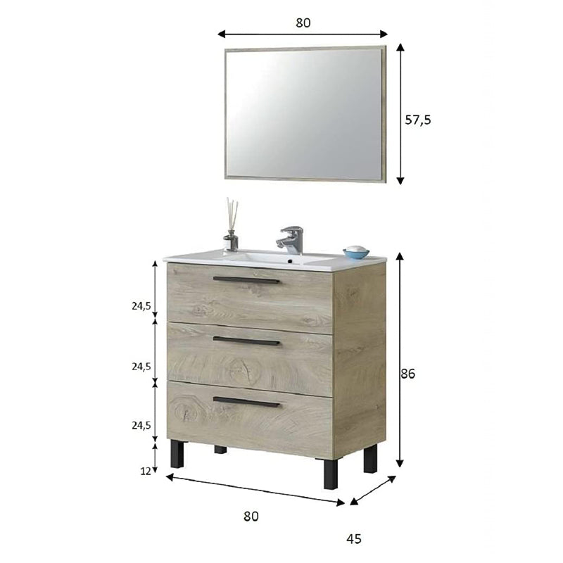 Mobile cassettiera sottolavabo per bagno in legno con specchio e piedini rialzati