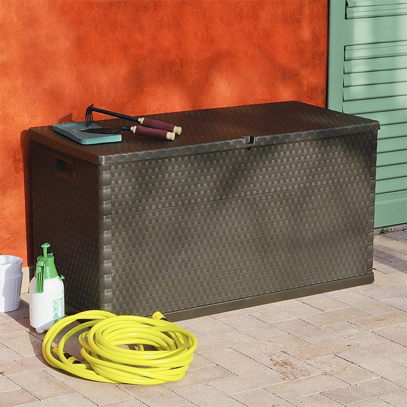 Cassapanca in resina effetto rattan panca contenitore con ruote e manici l 123 cm