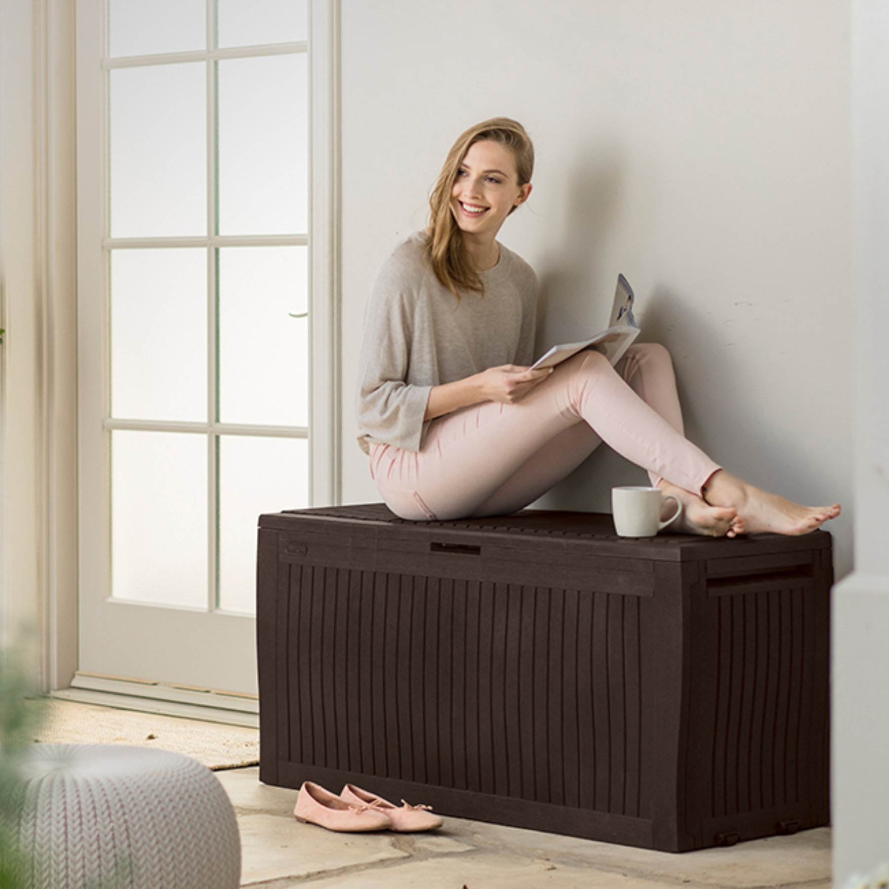 Baule portatutto da giardino in resina effetto legno cm 117x45 57h