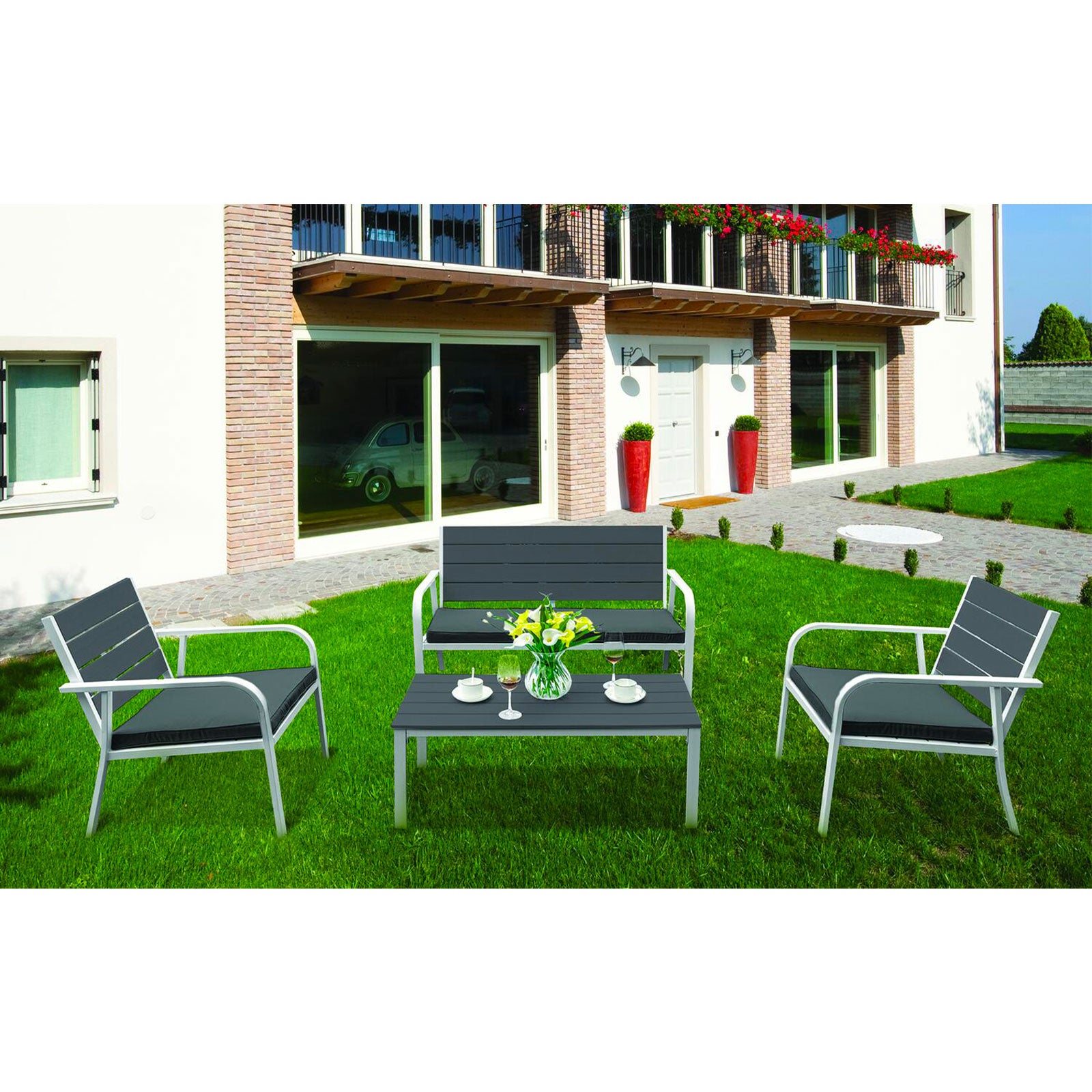 Salotto Murano elegante per giardino o veranda in acciaio completo di cuscini