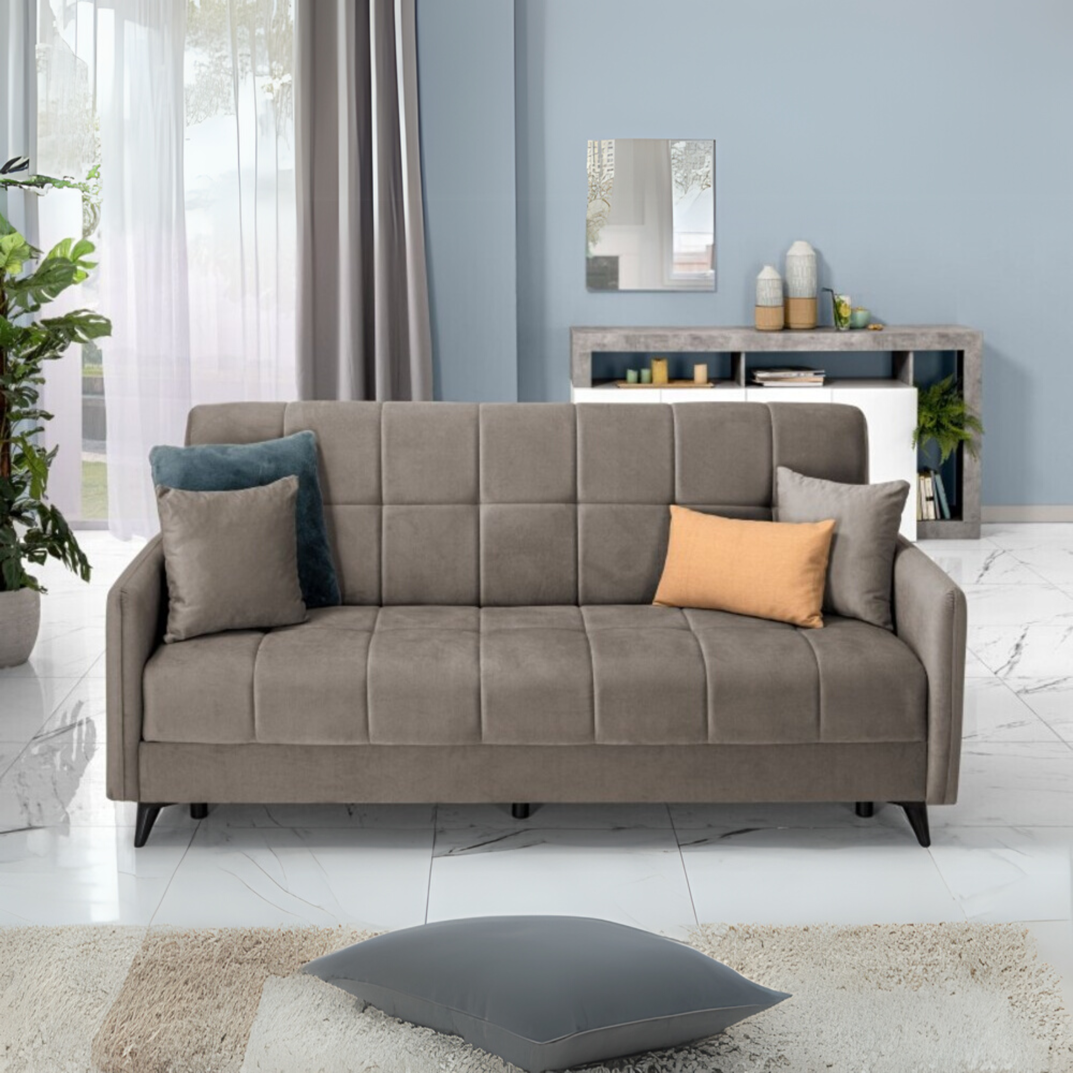 Divano letto a 3 posti contenitore "Santi Bacos" in velluto con 2 cuscini cm 211x92 98h