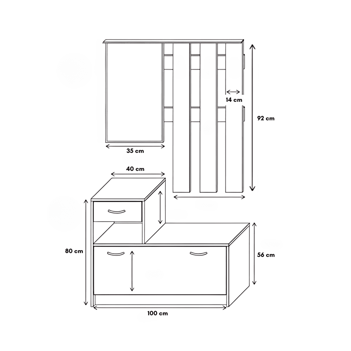 Scarpiera da ingresso in legno "Rudolf" con specchio e appendiabiti cm 100x26 180h - MondoViro
