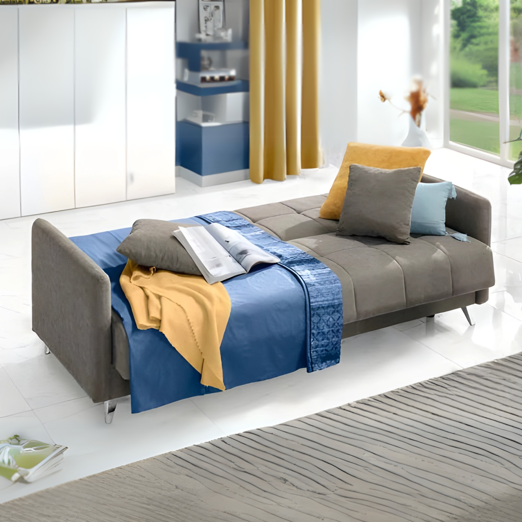 Divano letto a 3 posti contenitore "Santi Bacos" in velluto con 2 cuscini cm 211x92 98h