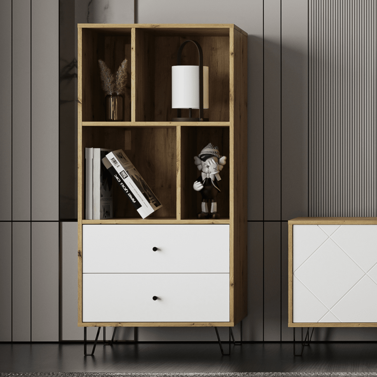 Set mobili da soggiorno "Living Bollo" in legno rovere artisan e bianco - MondoViro