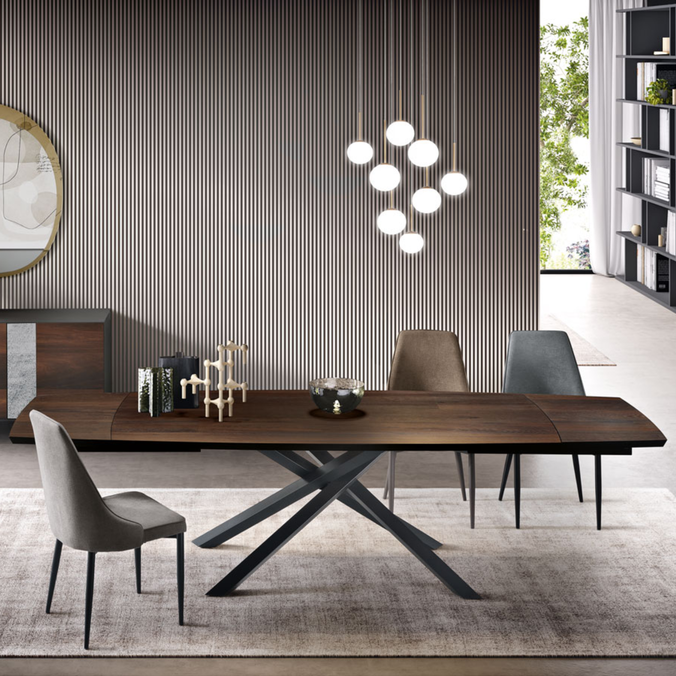 Tavolo moderno allungabile "Alan" con base in metallo e piano in rovere