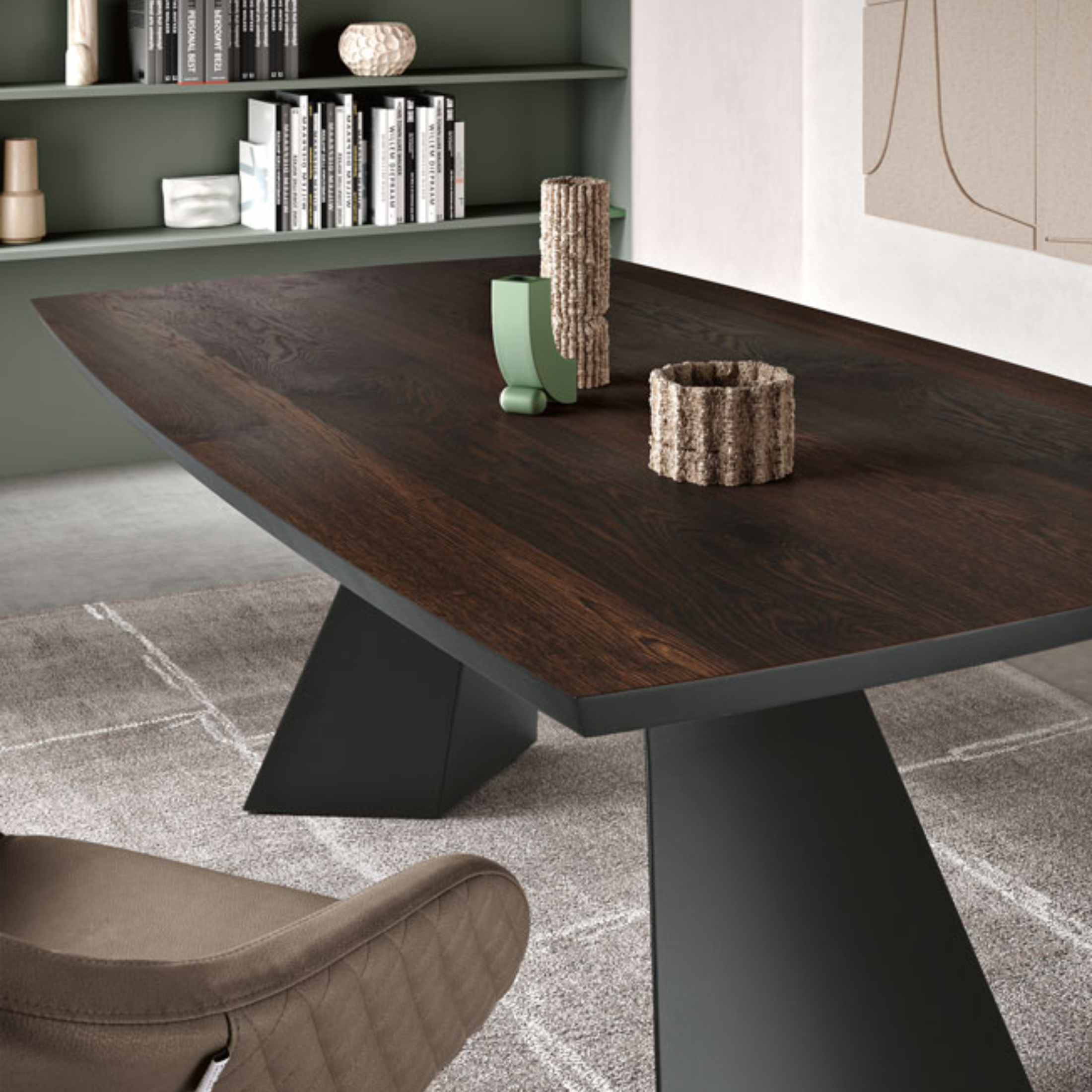 Tavolo fisso da pranzo "Nora" con base in metallo e piano in legno rovere