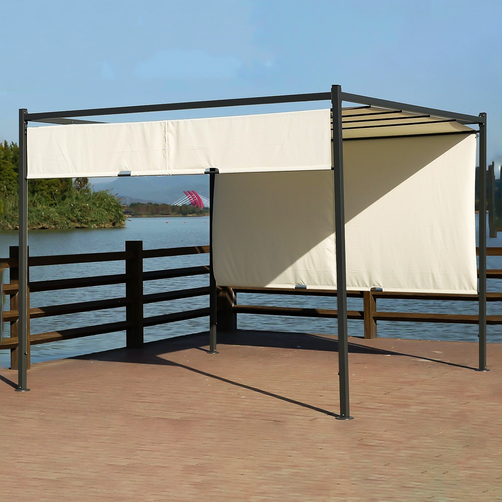Pergola in acciaio con telo scorrevole di copertura écru cm 300x300 250h
