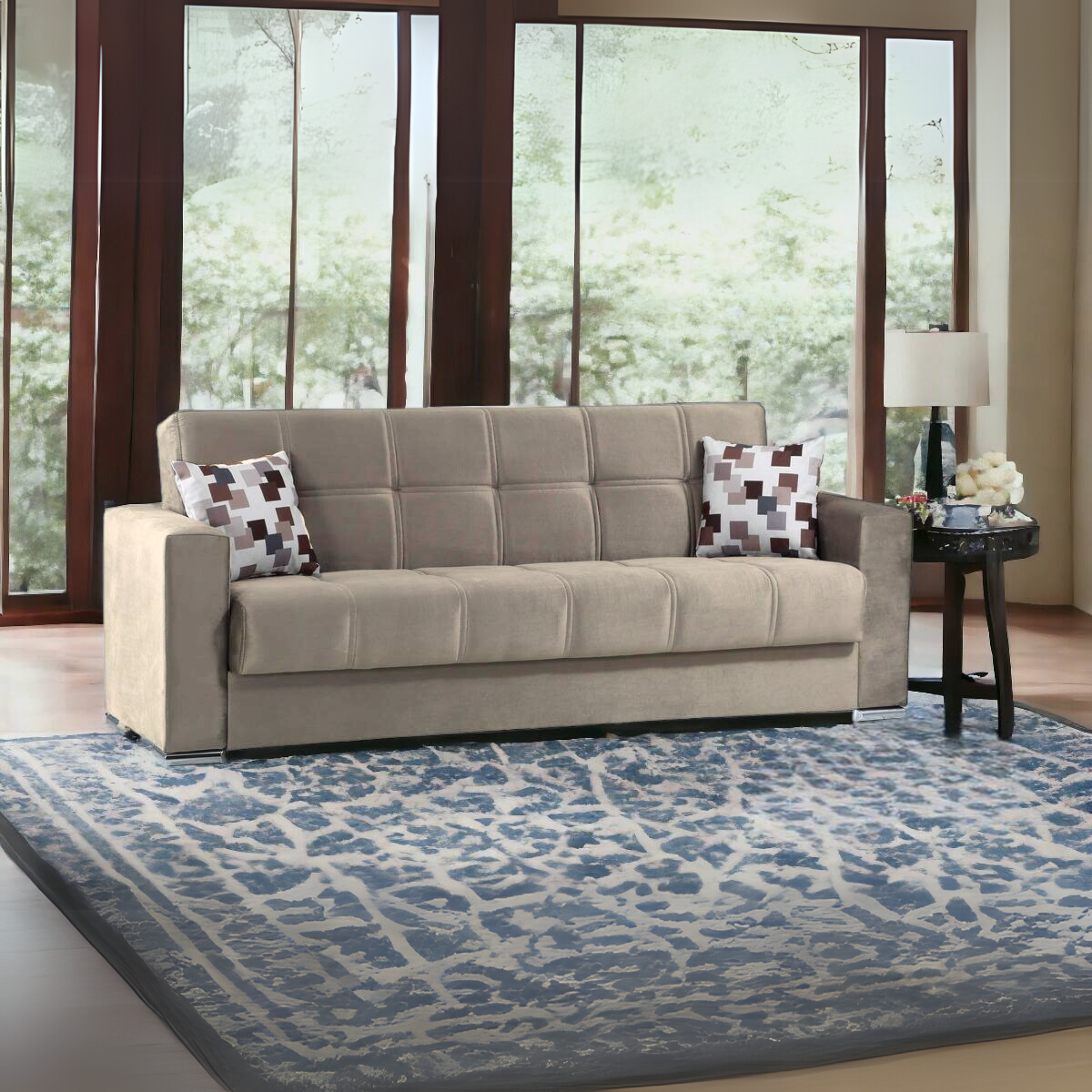 Divano letto 3 posti contenitore "Alba" in tessuto con piedi cromati cm 226x85 92h