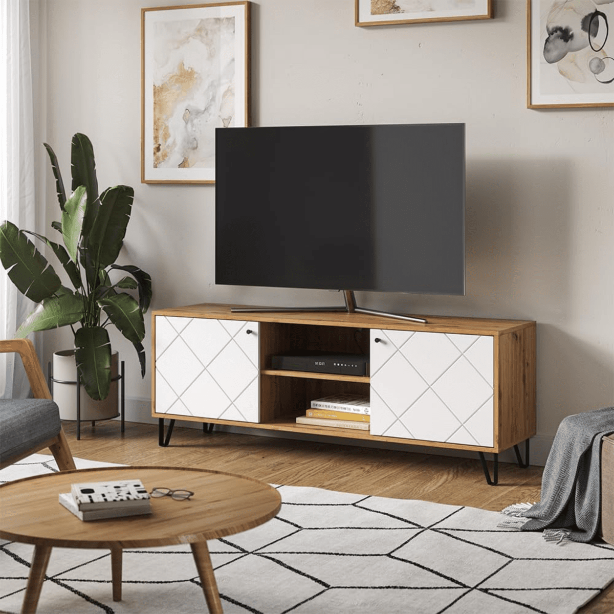 Set mobili da soggiorno "Living Bollo" in legno rovere artisan e bianco - MondoViro