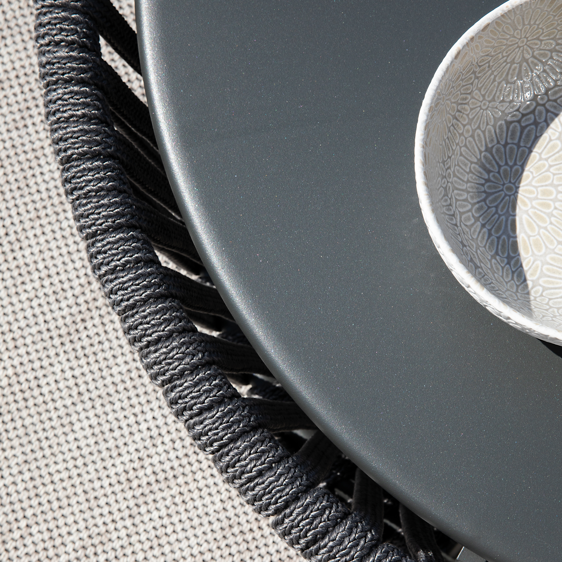 Pouf tavolino in corda e acciaio inox "Daisy Rope" tavolo basso da giardino cm 90x90 45h