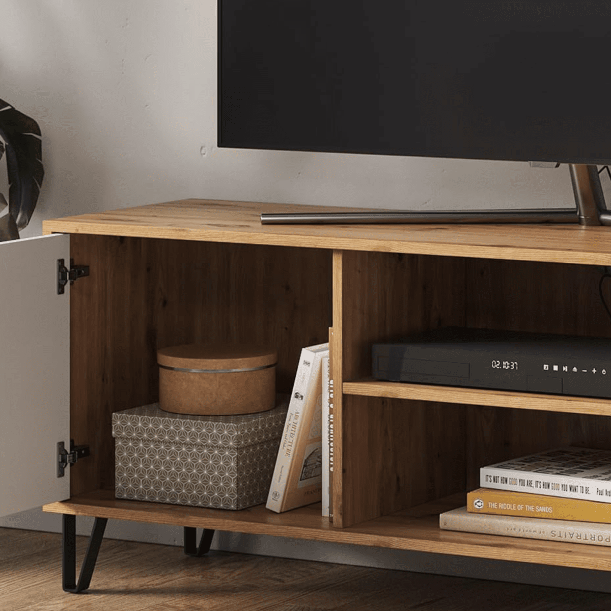 Set mobili da soggiorno "Living Bollo" in legno rovere artisan e bianco - MondoViro