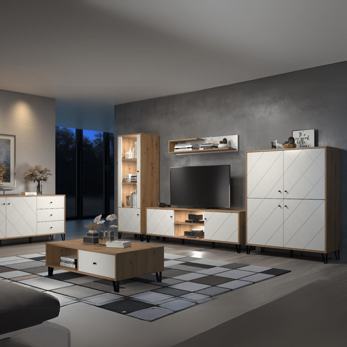 Set mobili da soggiorno "Living Bollo" in legno rovere artisan e bianco - MondoViro