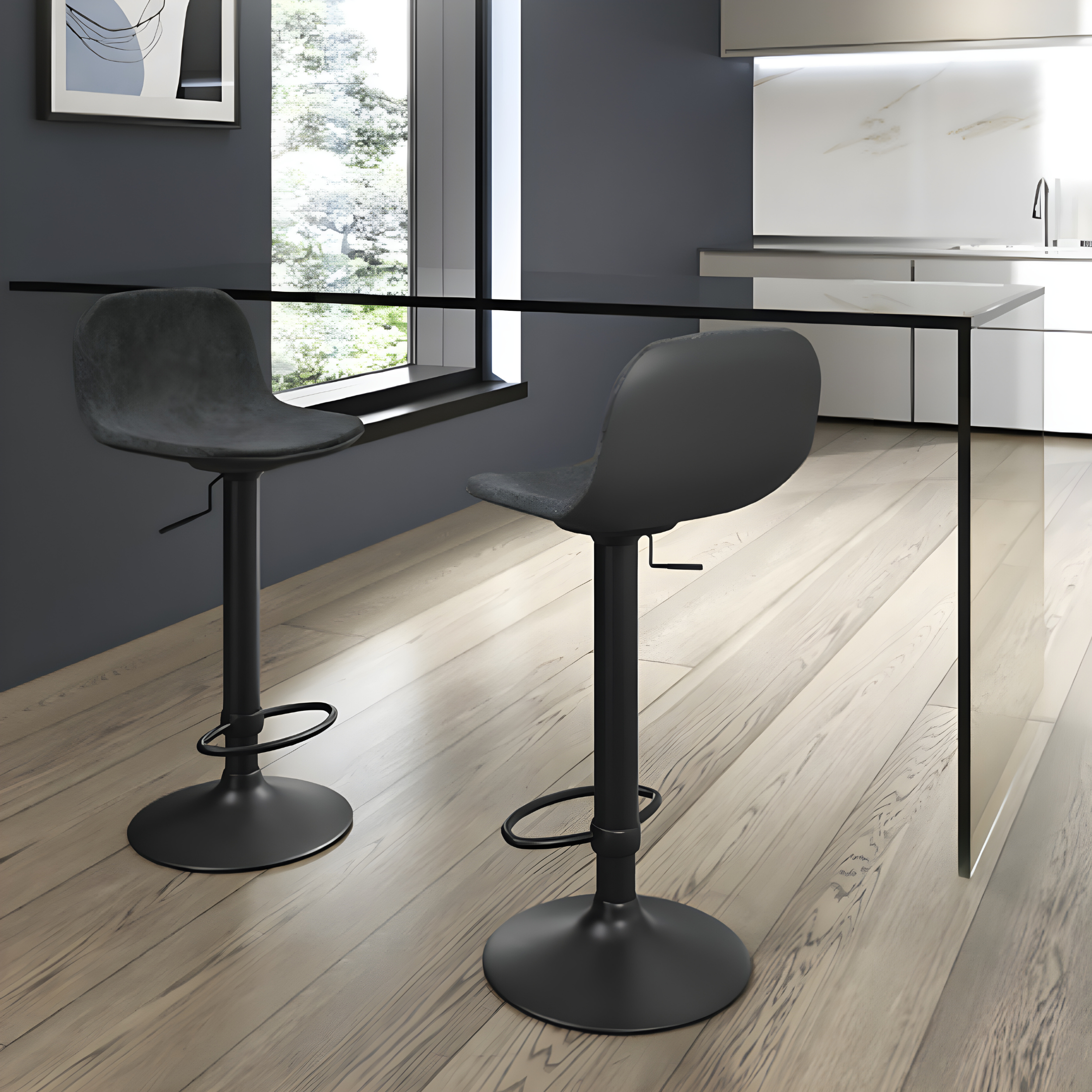 Set di sgabelli alti "Woody" in tessuto con elevazione a gas e poggiapiedi cm 45x39 86h