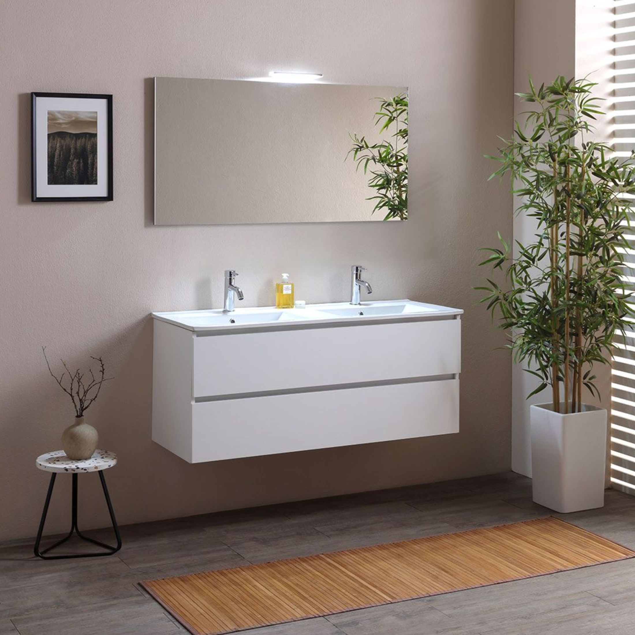 Mobile bagno "Belize120" cm con doppio lavabo e due cassetti finitura bianco legno