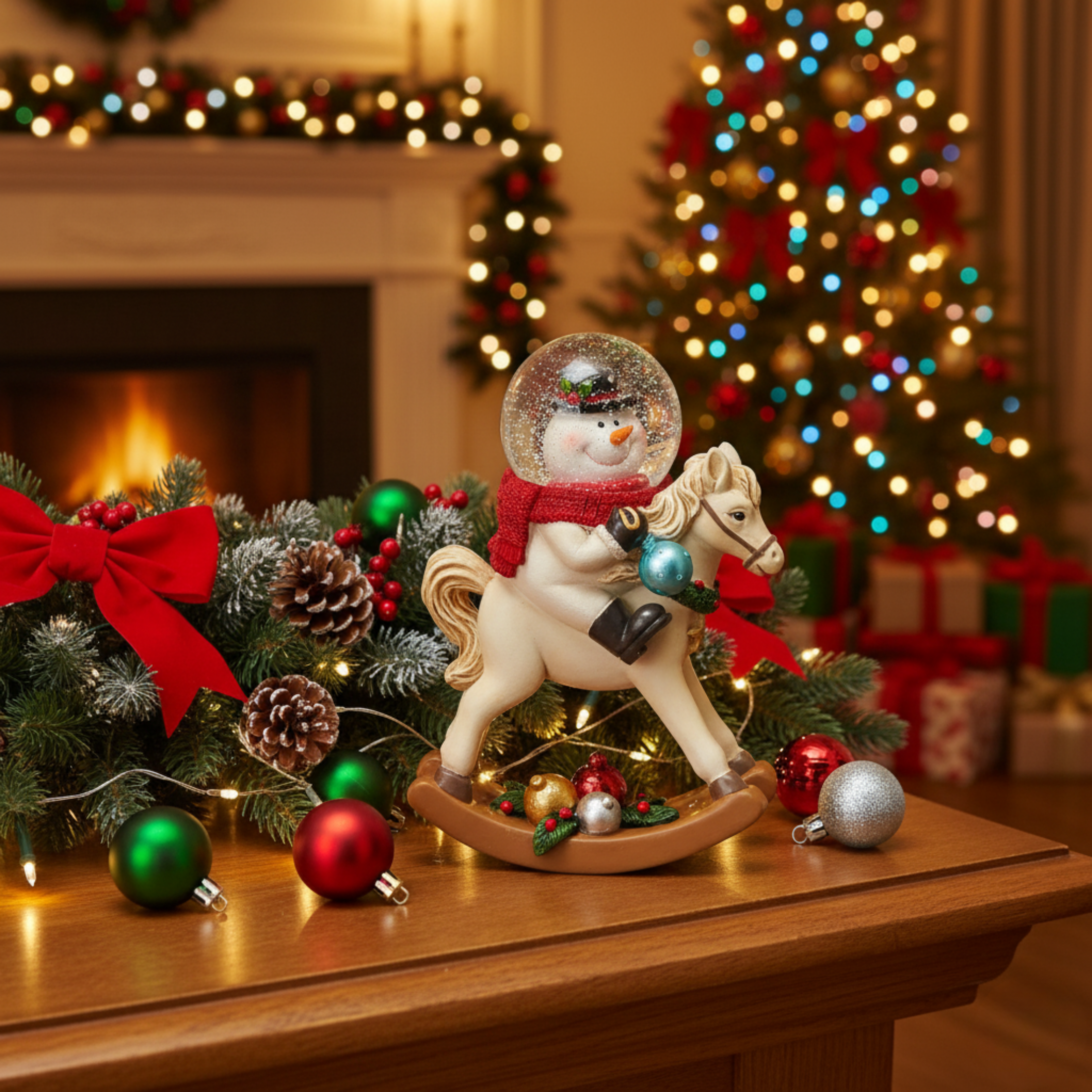 Cavallo a dondolo in resina con sfera d'acqua in vetro e scena natalizia interna ad effetto neve brillante cm 13,5h