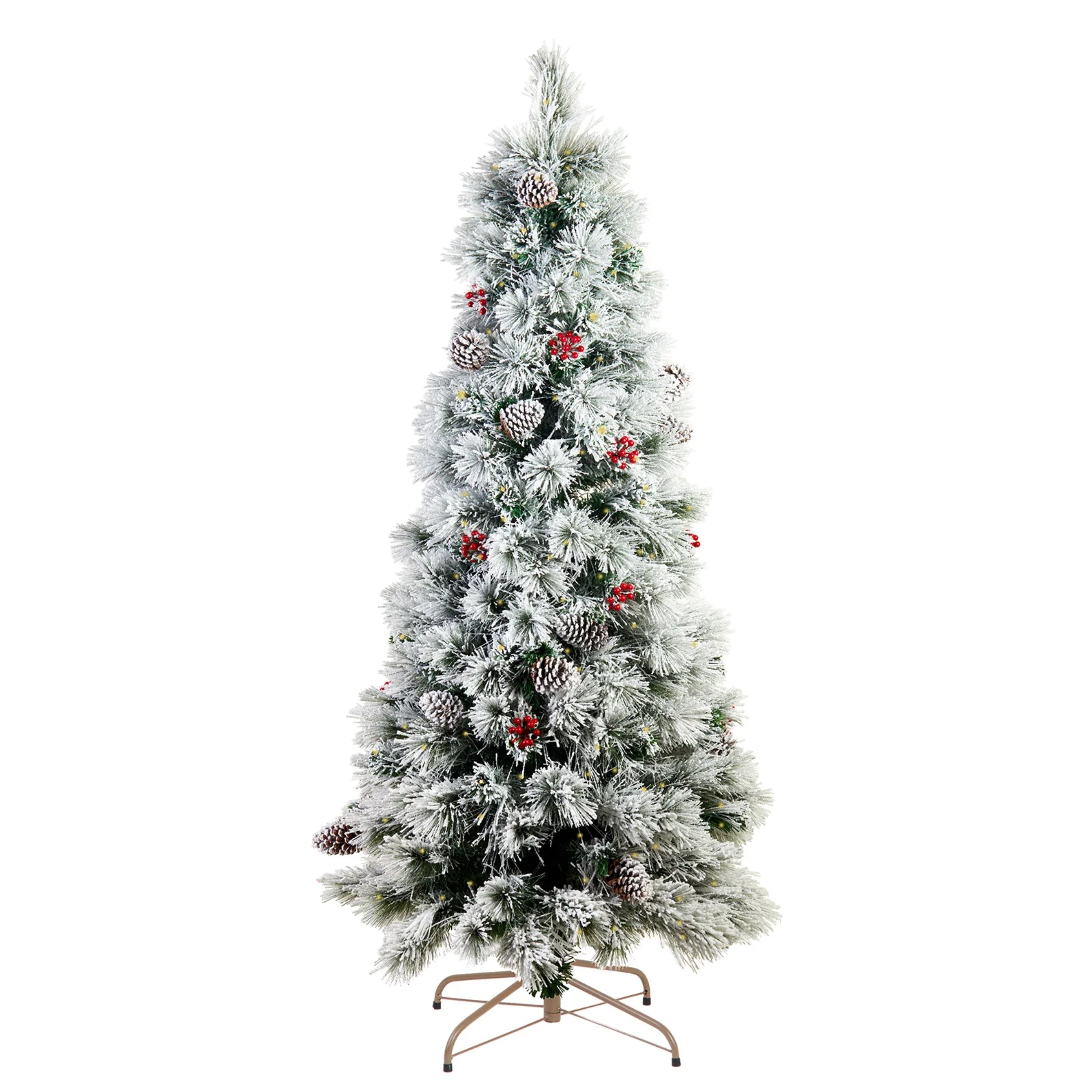 Albero di Natale innevato "Candore" con LED, bacche e pigne in PP Effetto aggi di pino + Flock cm 210h