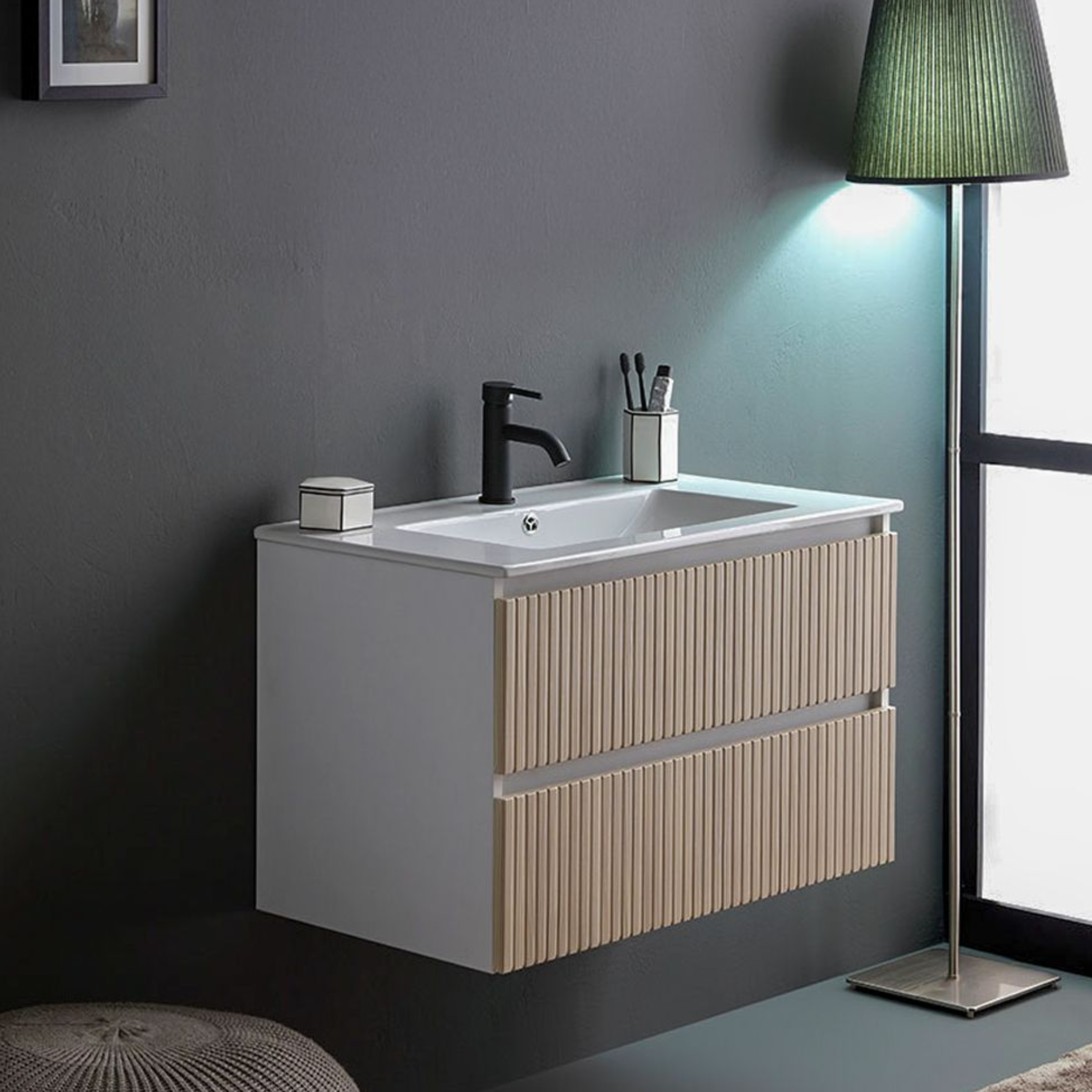 Mobile bagno "Santorini" sospeso 80 cm bianco e rovere con frontale cannettato e lavabo in ceramica
