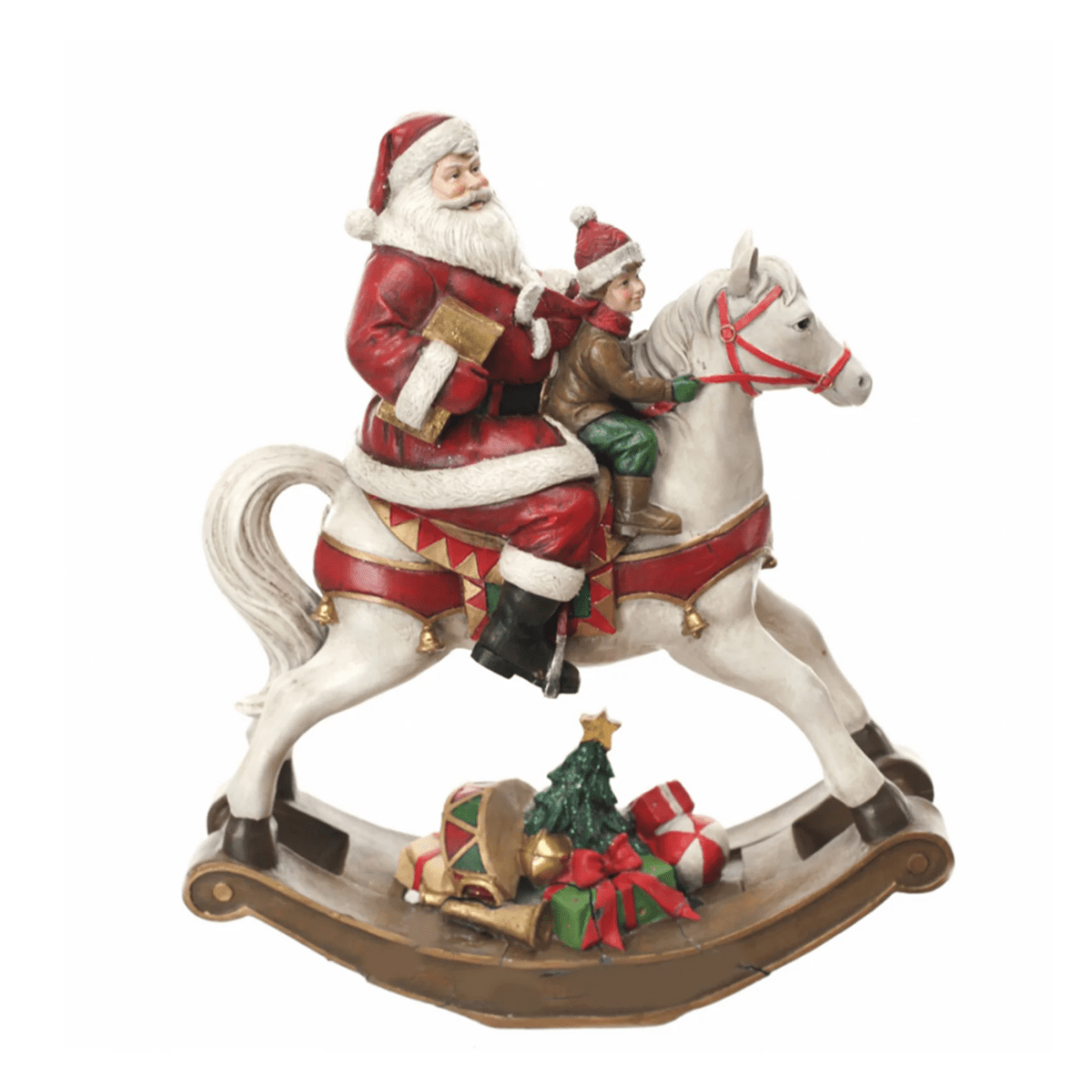 Statuetta cavallo a dondolo con Babbo Natale colori natalizi in poliresina cm 18x8 22h - MondoViro
